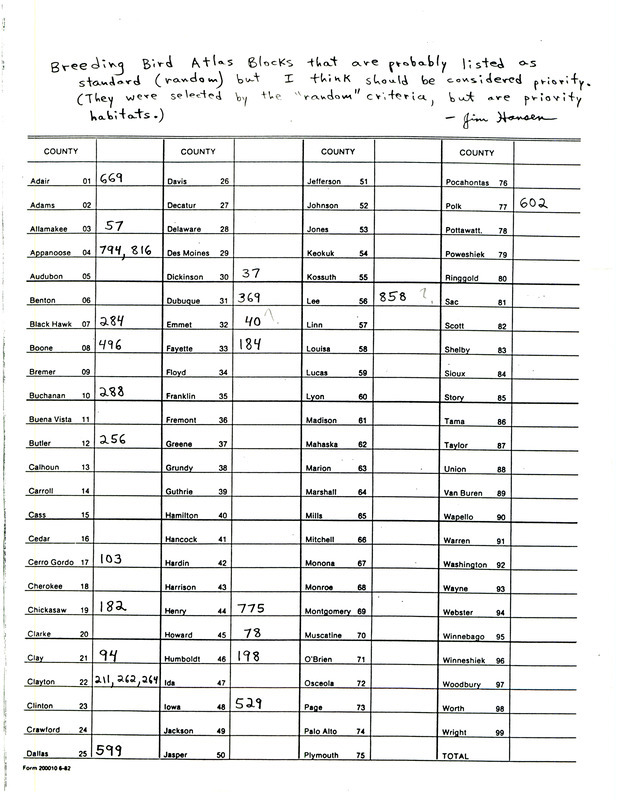 Research data for the Breeding Bird Atlas submitted to the Iowa Ornithologists' Union by James L. Hansen. Data is organized in a table by Iowa counties.