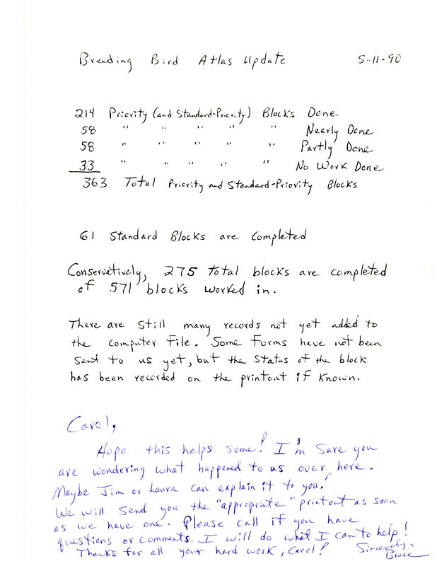 Research data used for the development of the Iowa Ornithologists' Union's Breeding Bird Atlas, May 11, 1990. Includes a brief, handwritten correspondence from Bruce Ehresman to Carol A. Thompson at the beginning of the document.