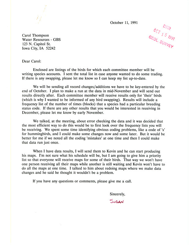 Letter to Carol A. Thompson regarding the writing of species accounts for the Iowa Breeding Bird Atlas. Includes lists of bird species delegated to each individual.