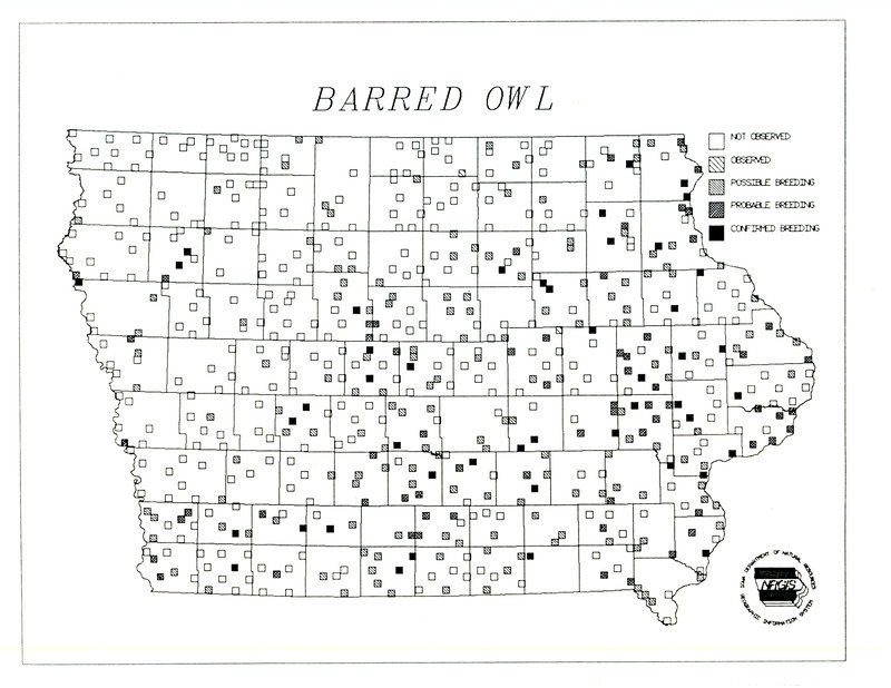 Map of barred owl sightings and breeding in Iowa. Used for work in the Iowa Ornithologist's Union's Breeding Bird Atlas project.