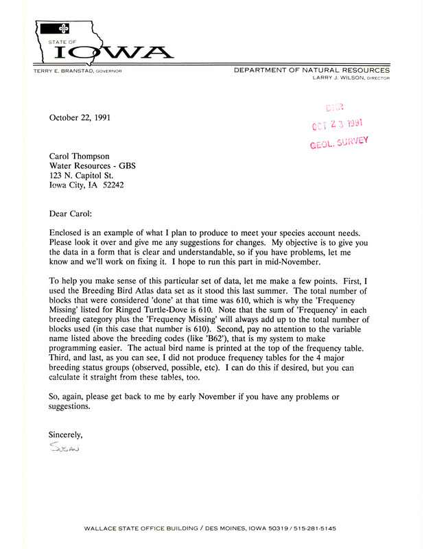 Letter to Carol A. Thompson regarding work on the Iowa Ornithologists' Union's Breeding Bird Atlas. Includes research data for several individual species.