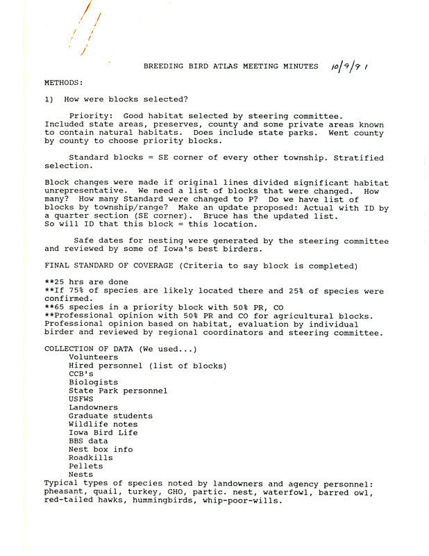 Meeting minutes, planning materials, and related material for the Breeding Bird Atlas Committee, October 9, 1991. Materials include minutes, notes, correspondence, a map of atlas regions, and a color postcard of a Peregrine Falcon.