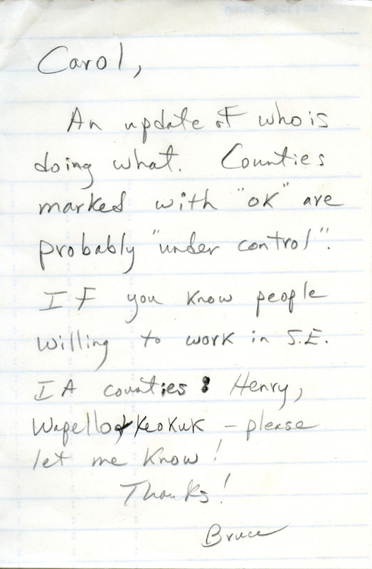 Notes delegating specific Iowa counties to volunteers for the Breeding Bird Atlas Project. Includes handwritten note by Bruce Ehresman to Carol A. Thompson.