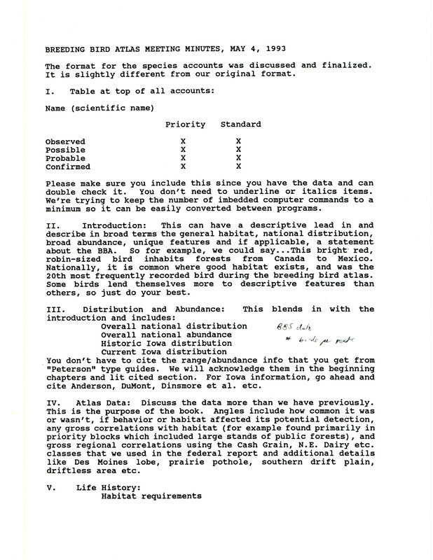 Minutes for the Breeding Bird Atlas meeting, May 4, 1993. Also includes data on bird sightings by species and several maps. These documents were used for the Iowa Ornithologist's Union's Breeding Bird Atlas project.