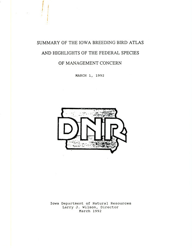 Report about the Iowa Ornithologist' Union's Breeding Bird Atlas Project. Provides an overview of how the project was completed. Includes maps and data of specific bird sightings and breeding in Iowa.