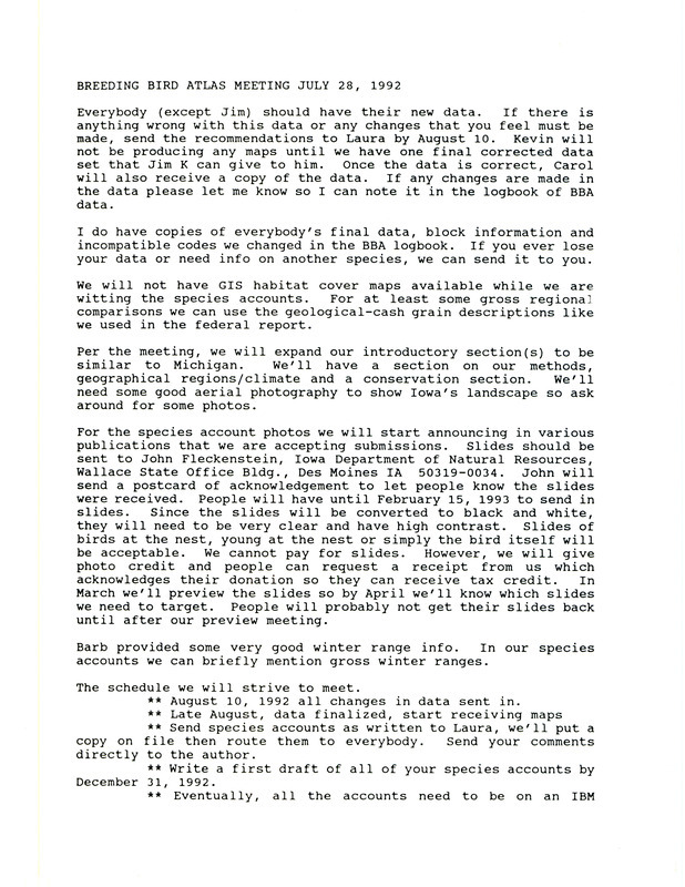 Meeting notes for the Breeding Bird Atlas project, July 28, 1992. Discusses use of data collected for the project.