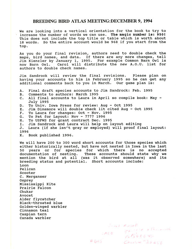 Meeting notes for the Breeding Bird Atlas project, December 9, 1994. Discusses revision plan for the final draft of the Iowa Ornithologist's Union's Breeding Bird Atlas.