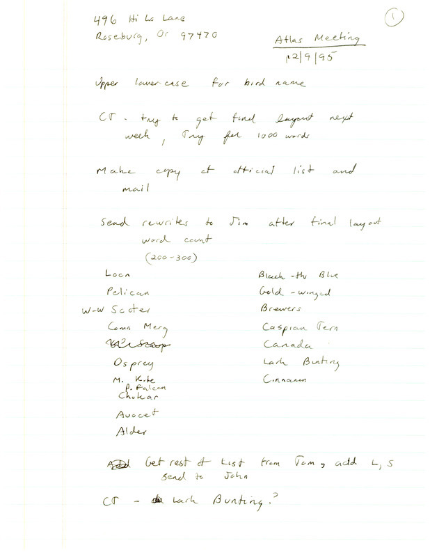 Handwritten meeting notes for the Iowa Ornithologists' Union's Breeding Bird Atlas project, December, 9, 1995.