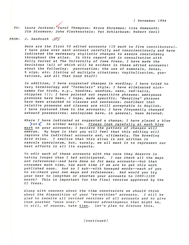 Letter from James P. Sandrock to Laura Jackson, Carol Thompson, Bruce Ehresman, Lisa Hemesath, Jim Dinsmore, John Fleckenstein, Pat Schlarbaum, and Robert Cecil regarding editing for the Breeding Bird Atlas.