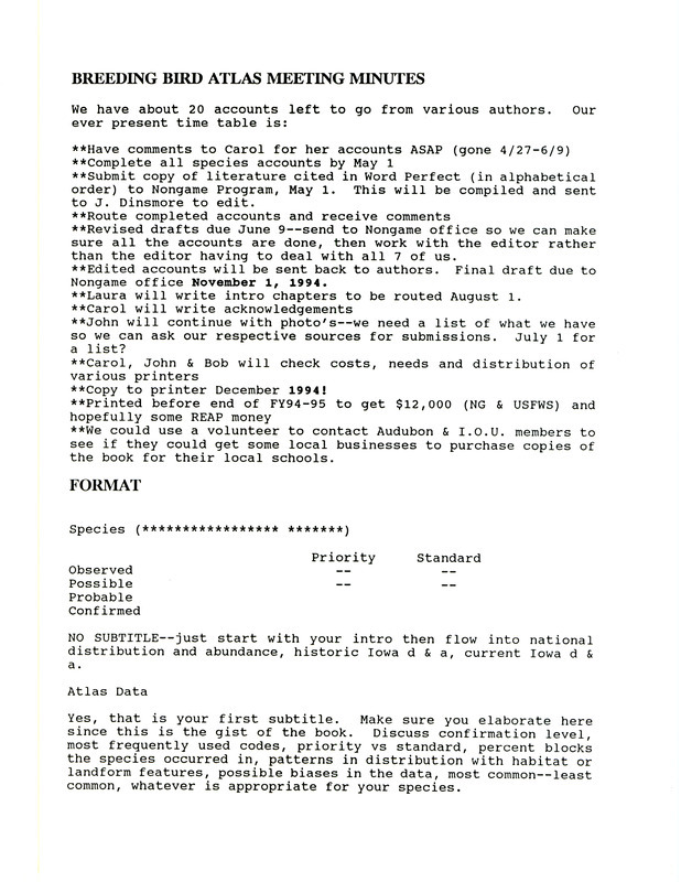 Meeting minutes Breeding Bird Atlas Project, circa 1994. The meeting regards revisions and other publication details for the to be published Breeding Bird Atlas.