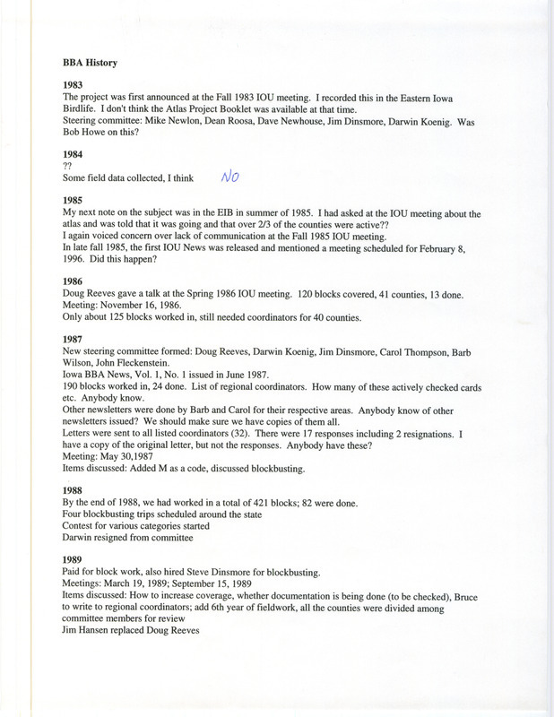 Draft of year-by-year history of the Breeding Bird Atlas project from 1983 to 1991.