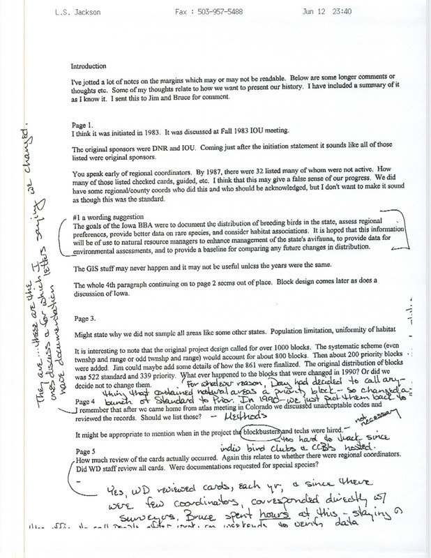 Draft of year-by-year history of the Breeding Bird Atlas project from 1983 to 1991. Item includes handwritten annotations.