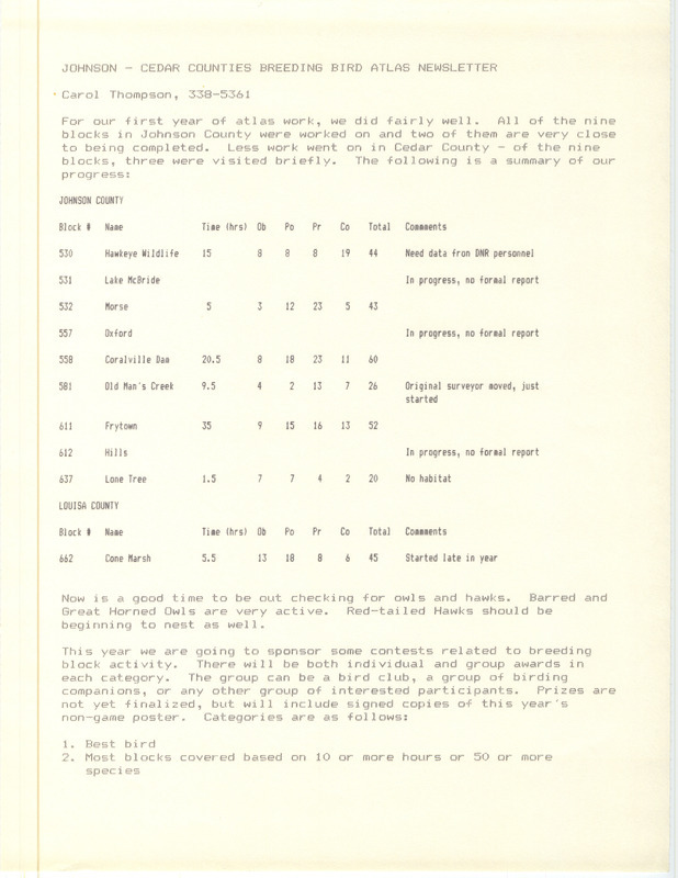 Issue for Johnson-Cedar County Breeding Bird Atlas newsletter. Issue number and date are not available on the publication.