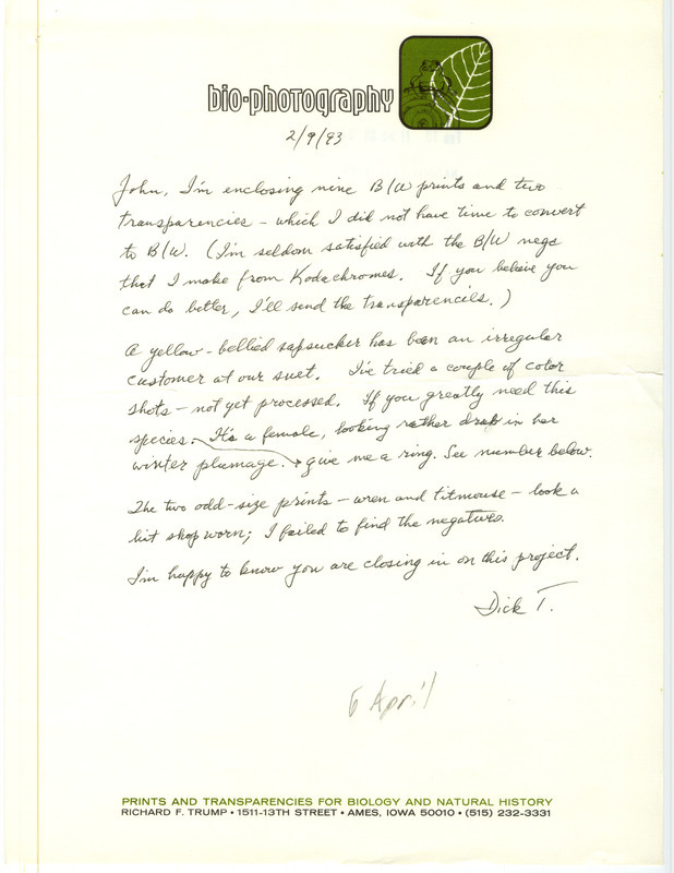 Letter from Richard F. Trump to John Fleckenstein discussing work on transparencies of bird photographs for use in the Iowa Breeding Bird Atlas, February 9, 1993.