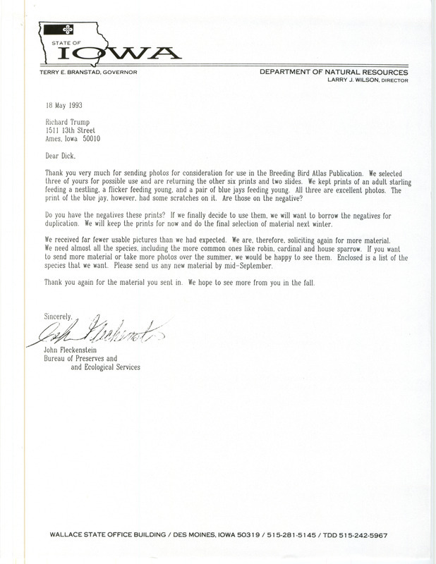 Letter from John Fleckenstein to Richard F. Trump discussing transparencies of bird photographs, May 18, 1993. These photographs were to be used in the creation of the Breeding Bird Atlas.