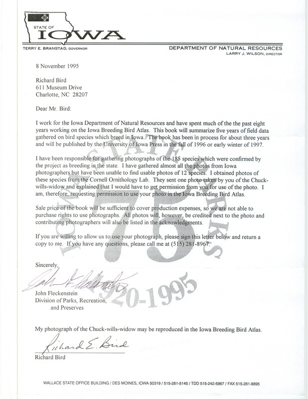 Letter from John Fleckenstein to Richard E. Bird regarding the collection of photographs for the Breeding Bird Atlas, November 8, 1995.