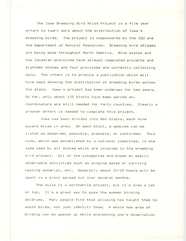 Typewritten document providing an overview of the Iowa Ornithologists' Union's Breeding Bird Atlas Project. It mentions the creation of a new steering committee for the project. The names and contact information of the Atlas committee members are listed on the last page.