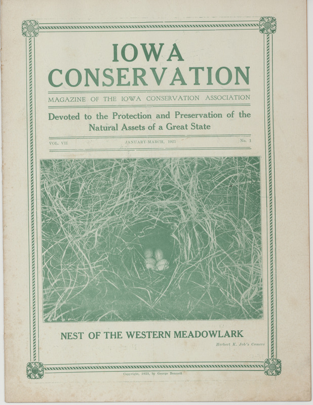 Issue number 1, volume 7 of Iowa conservation. This publication is the magazine of the Iowa Conservation Association. This issue includes an article on the history of the 1923 American School of Wildlife Protection meeting.