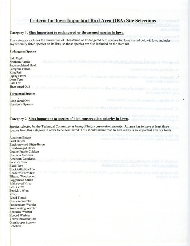 Document by the Iowa Ornithologist's Union stating various categories that can be used to designate a site as an Important Bird Area (IBA). Item includes lists of birds covered by each category, as well as "habitats nominated for IBA status" by Iowa county.