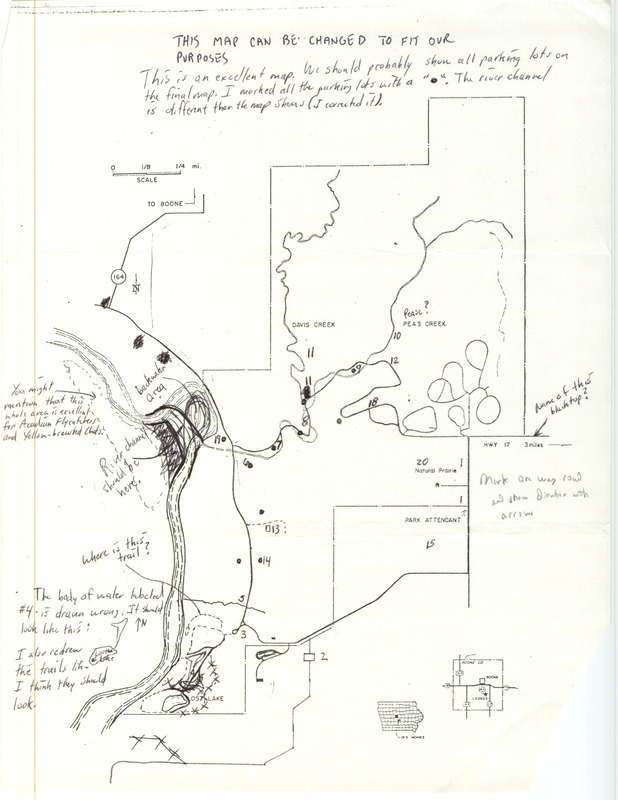 Map of Ledgers State Park annotated with birding locations and corrections to its depiction of bodies of water.