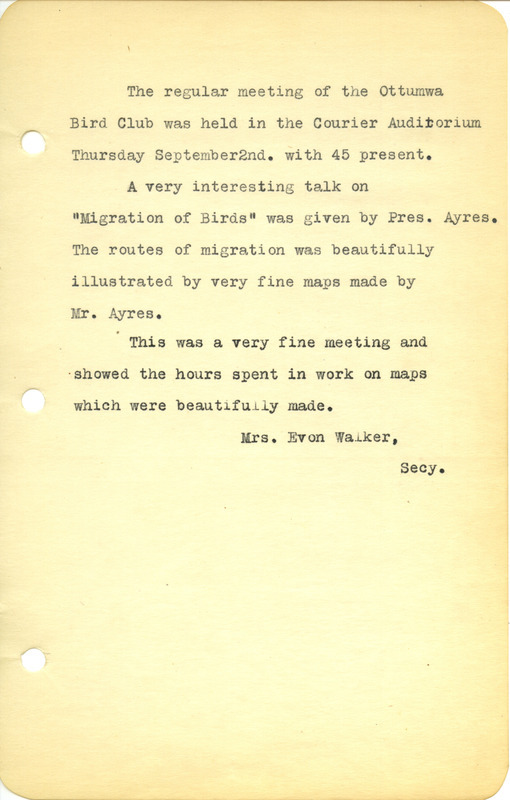 Meeting minutes from the Ottumwa Bird Club, 1943. A talk on bird migration was given by President Ayres.