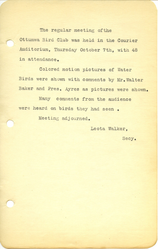 Meeting minutes from the Ottumwa Bird Club, October 7, 1943. A color motion picture on water birds was shown at the meeting.