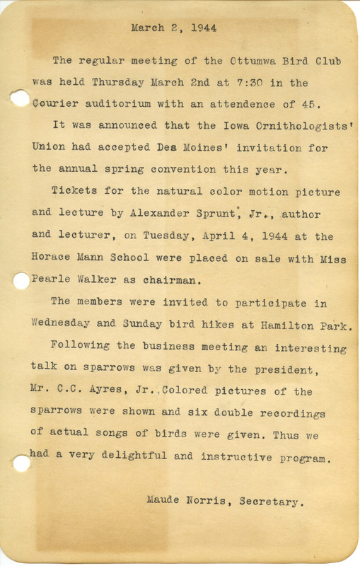 Meeting minutes from the Ottumwa Bird Club, March 2, 1944. A talk on sparrows was given by Charles C. Ayres, Jr.