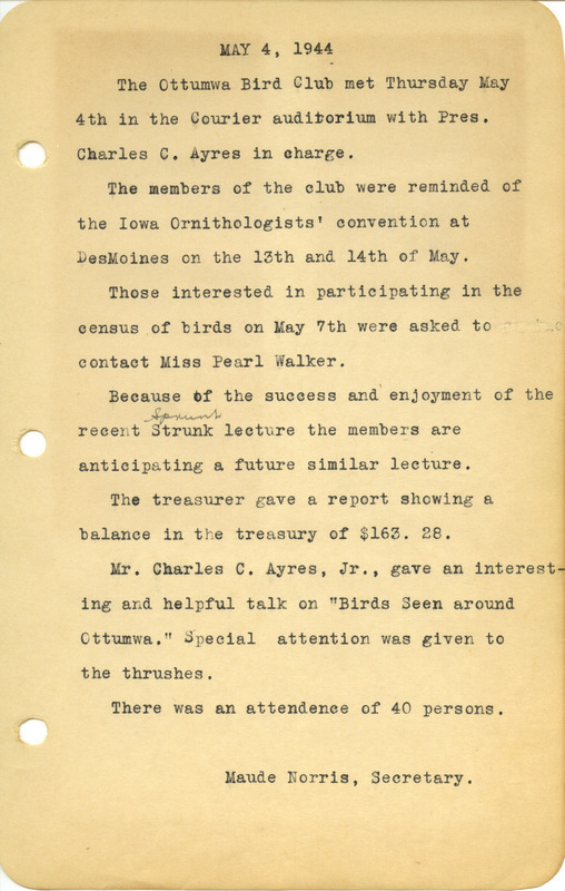 Meeting minutes from the Ottumwa Bird Club, May 4, 1944, reporting on group activities and the upcoming Iowa Ornithologists' Union's convention in Des Moines.