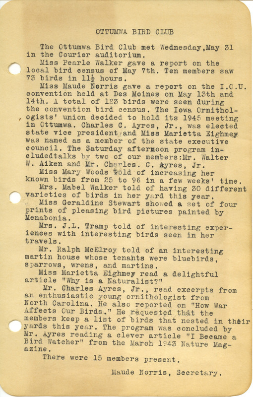 Meeting minutes from the Ottumwa Bird Club, May 31, 1944, reporting various activities at the meeting, as well as the work of several committee members with the Iowa Ornithologists' Union.