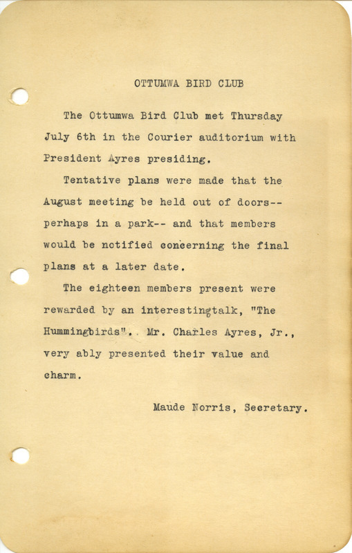 Meeting minutes from the Ottumwa Bird Club, July 6, 1944. A talk was given at the meeting on Hummingbirds.