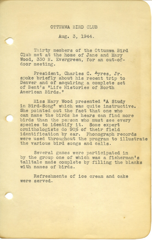 Meeting minutes from the Ottumwa Bird Club, August 3, 1944. A talk on bird songs was given by Mary Wood.