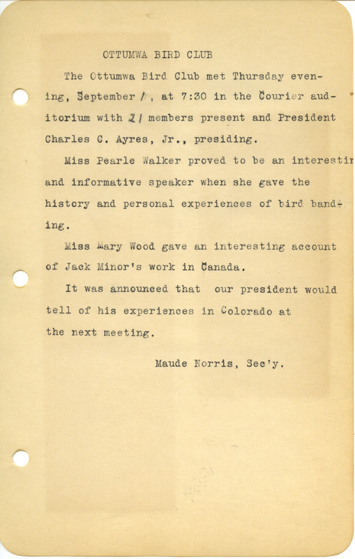 Meeting minutes from the Ottumwa Bird Club, September 1, 1944. A talk on bird banding was given by Pearle Walker.