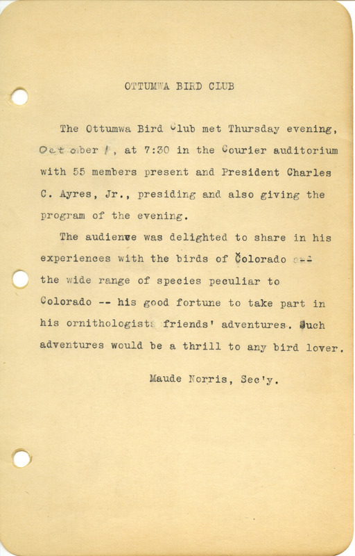 Meeting minutes from the Ottumwa Bird Club, October 1, 1944. Charles C. Ayers Jr. gave a presentation on his experience with birds in Colorado.