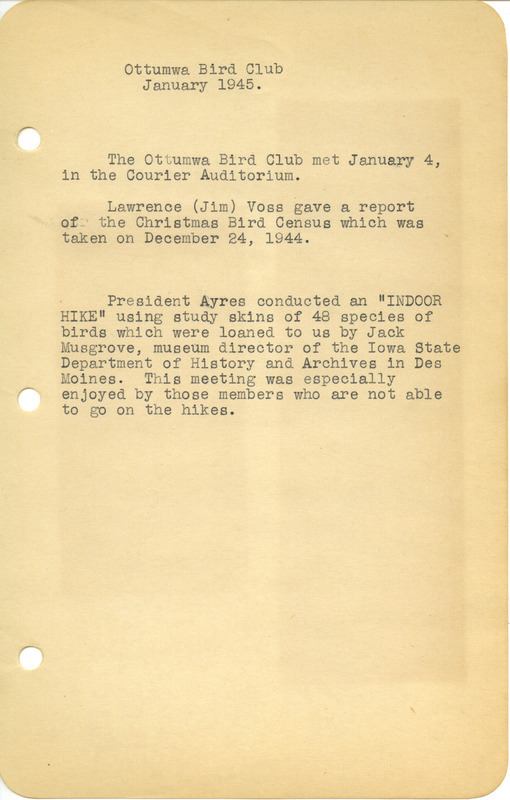 Meeting minutes from the Ottumwa Bird Club, January 4, 1945 reporting on an "indoor hike" at the meeting using study skins 48 species of birds loaned by the Iowa Department of History and Archives.