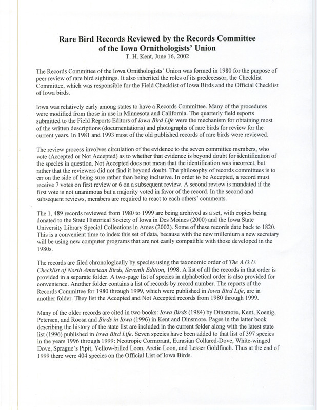 The document includes a history of the committee and explains the process of peer review to determine an accepted rare bird sighting in Iowa.