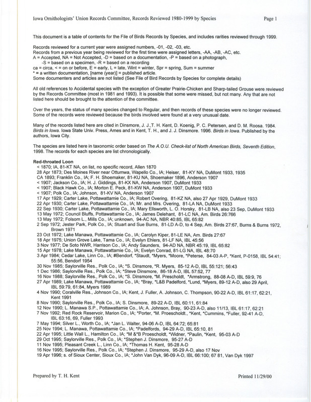 The document lists rare bird sightings reviewed between 1980-1999. It includes the dates and locations of sightings with observer names and the results of the review process.