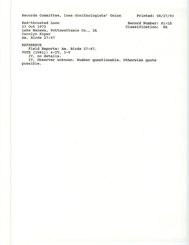 Records Committee review for four Red-throated Loons at Lake Manawa on October 23, 1972. Includes a record review document with votes, the original sighting record found in the publication American Birds seen by Carolyn Kiper.