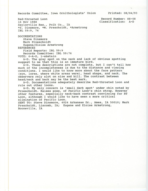 Records Committee review for a Red-throated Loon at Saylorville Reservoir in Polk County, IA on November 16, 1988. Includes a record review document and three documentation forms submitted to the committee.