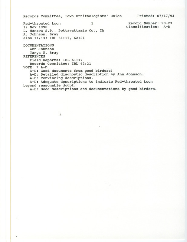 Records Committee review for a Red-throated Loon at Lake Manawa State Park in Pottawattamie County, IA on November 12, 1990. Includes a record review document with votes and two documentation forms submitted to the committee.