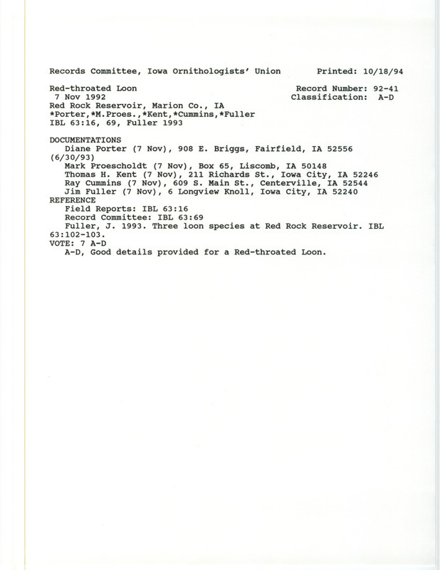 Records Committee review for a Red-throated Loon at Red Rock Reservoir, Marion County, IA on November 7, 1992. Includes a record review document with votes, an Iowa Bird Life article, and five documentation forms submitted to the committee.