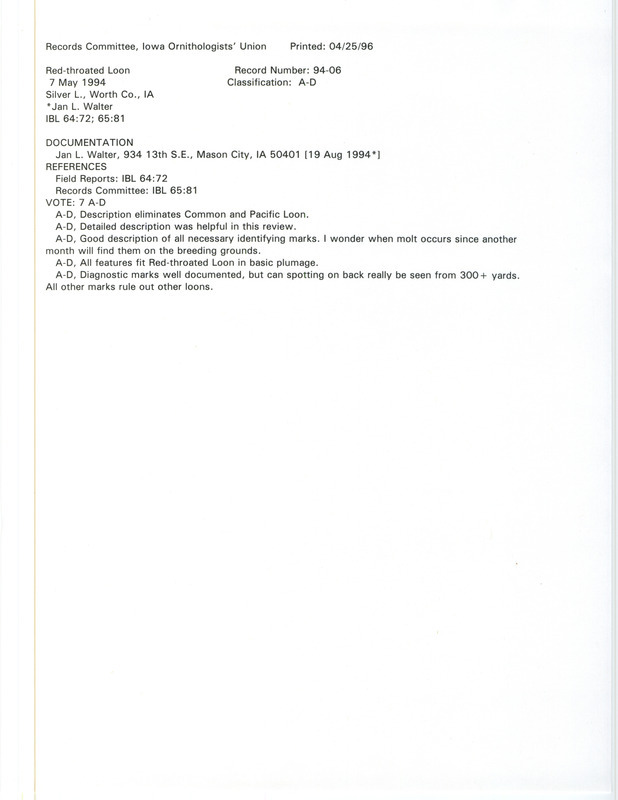 Records Committee review for a Red-throated Loon at Silver Lake in Worth County, IA on May 7, 1994. Includes a record review document with votes and a documentation form submitted to the committee.