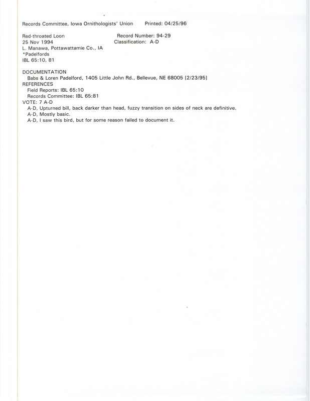 Records Committee review for a Red-throated Loon at Lake Manawa in Pottawattamie County, IA on November 25, 1994. Includes a record review document with votes and a documentation form submitted to the committee.