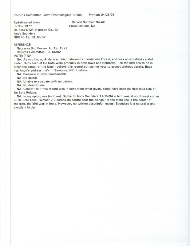 Records Committee review for a Red-throated Loon at De Soto National Wildlife Refuge in Harrison County on November 3, 1977. Includes a record review document with votes, the original sighting record found in the publication Nebraska Bird Review seen by Andy Saunders.