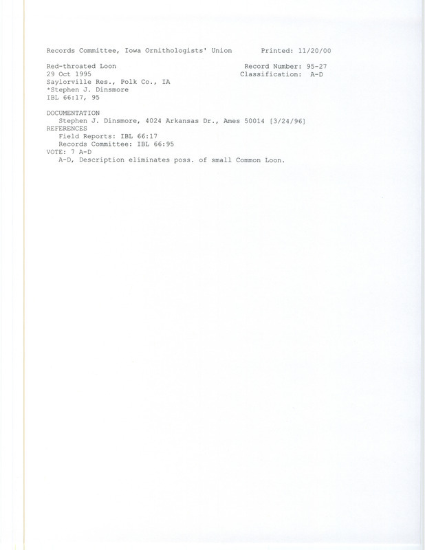 Records Committee review for a Red-throated Loon at Saylorville Reservoir in Polk County, IA on October 29, 1995. Includes a record review document and a documentation form submitted to the committee.