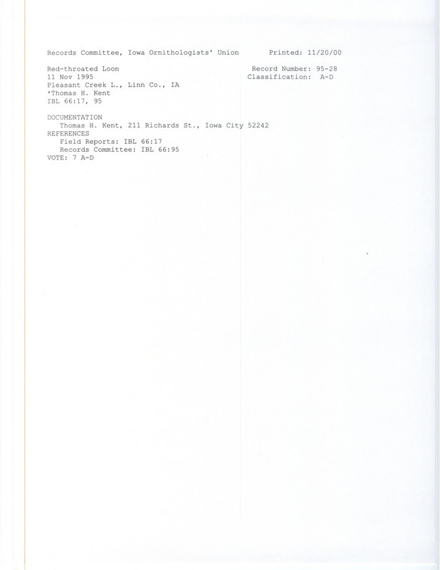 Records Committee review for a Red-throated Loon at Pleasant Creek Lake in Linn County, IA on November 11, 1995. Includes a record review document and a documentation form submitted to the committee.