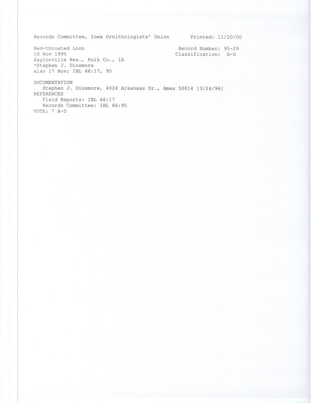 Records Committee review for a Red-throated Loon at Saylorville Reservoir in Polk County, IA on November 16-17, 1995. Includes a record review document and a documentation form submitted to the committee.