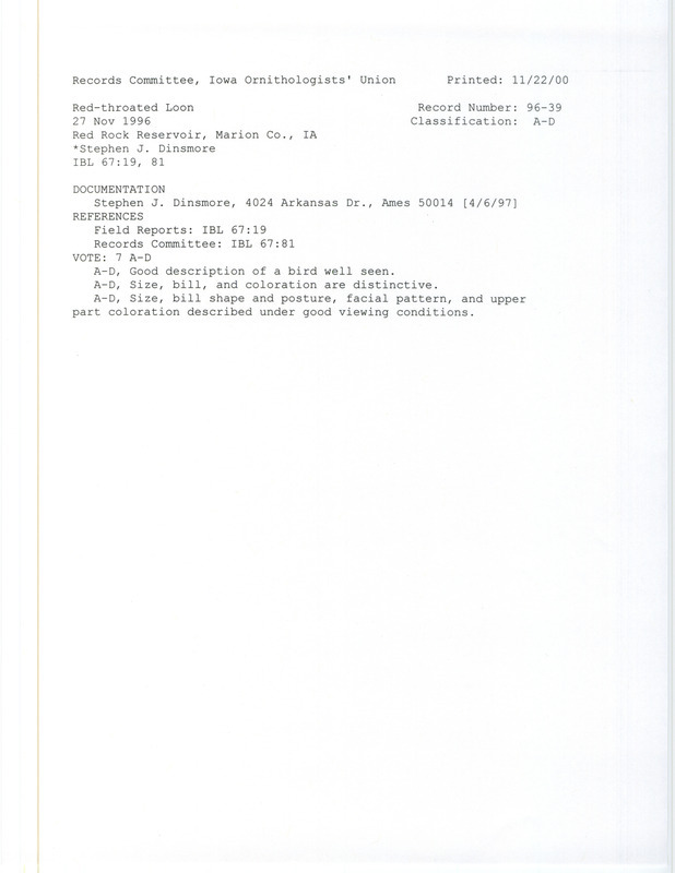 Records Committee review for a Red-throated Loon at Red Rock Reservoir in Marion County, IA on November 27, 1996. Includes a record review document and a documentation form submitted to the committee.