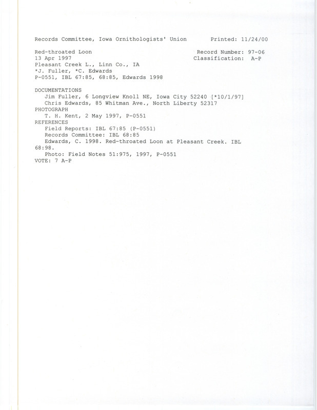 Record Committee review for a Red-throated Loon at Pleasant Creek Lake in Linn County, IA on April 13, 1997. Includes a record review document with votes, an Iowa Bird Life article, a photo and two documentation forms submitted to the committee.