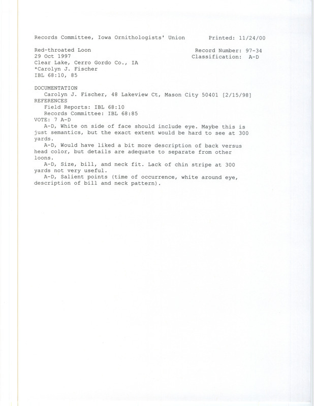 Records Committee review for a Red-throated Loon at Clear Lake in Cerro Gordo County, IA on October 29, 1997. Includes a record review document and a documentation form submitted to the committee.