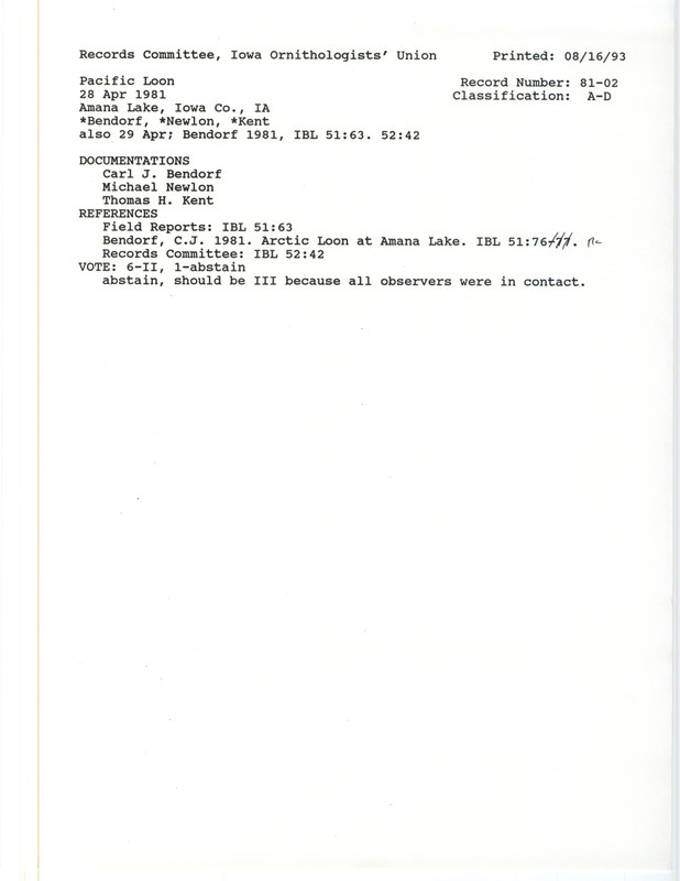 Records Committee review for a Pacific Loon at Amana Lake in Iowa County, IA on April 28, 1981. Includes a record review document with votes, an Iowa Bird Life article, and three documentation forms submitted to the committee. The bird was initially reported as an Arctic Loon but was found to be a Pacific Loon.